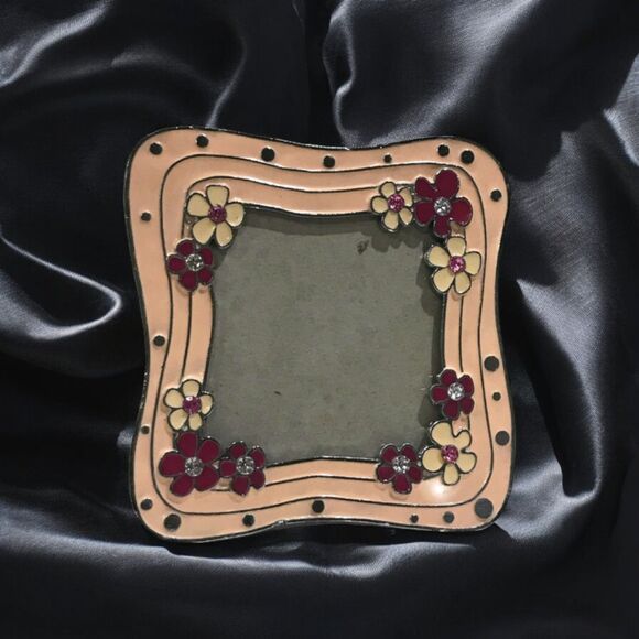 Vintage PINK ENAMEL & CRYSTALS Metal Square Picture Frame 3.5 x 3.5 picture - Picture 5 of 5